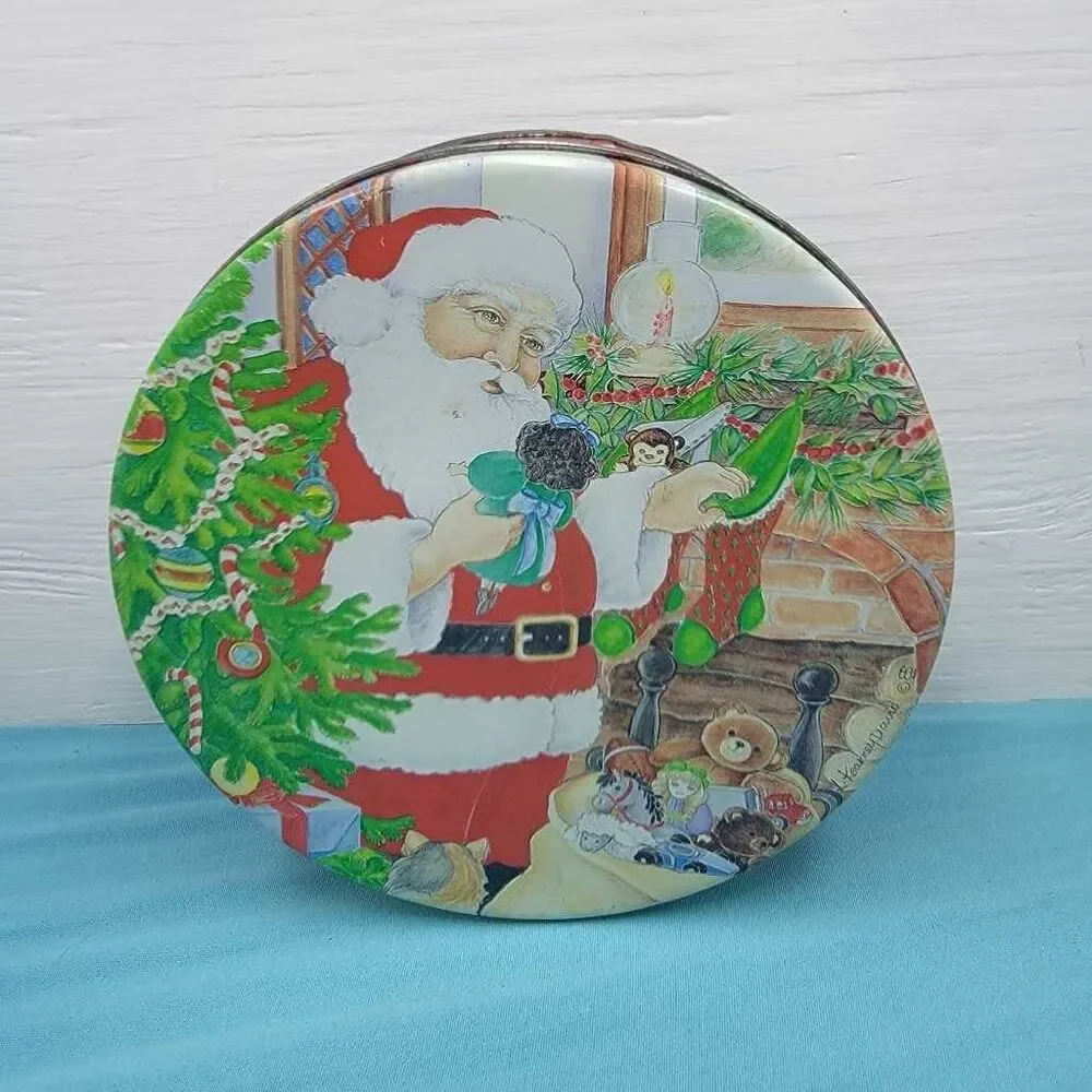Vintage Santa Claus Christmas Cookie Tin Round 7